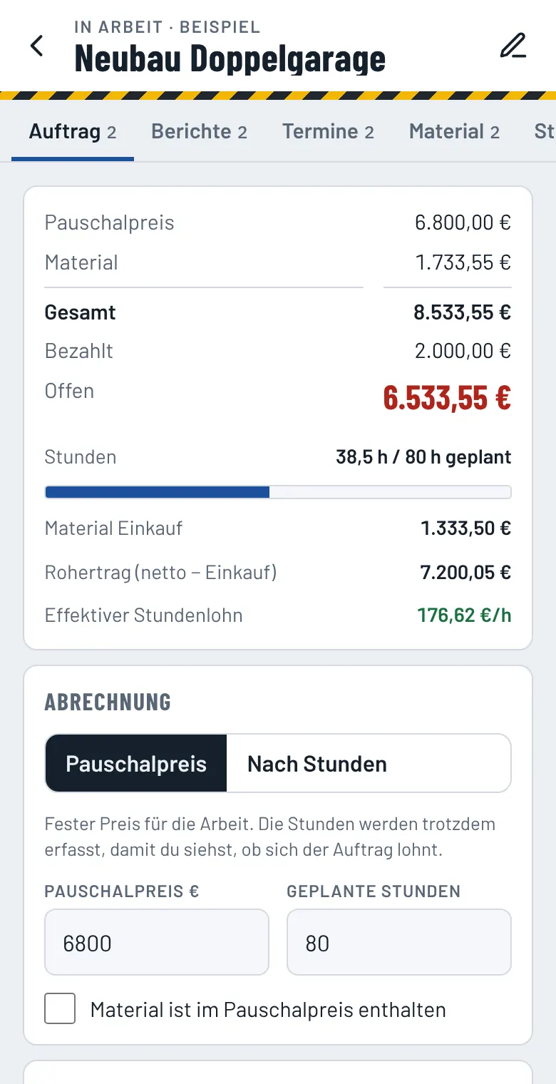 Bautagebuch: Beispiel-Baustelle mit Preis, Stunden, Ertrag und Aufgabenliste