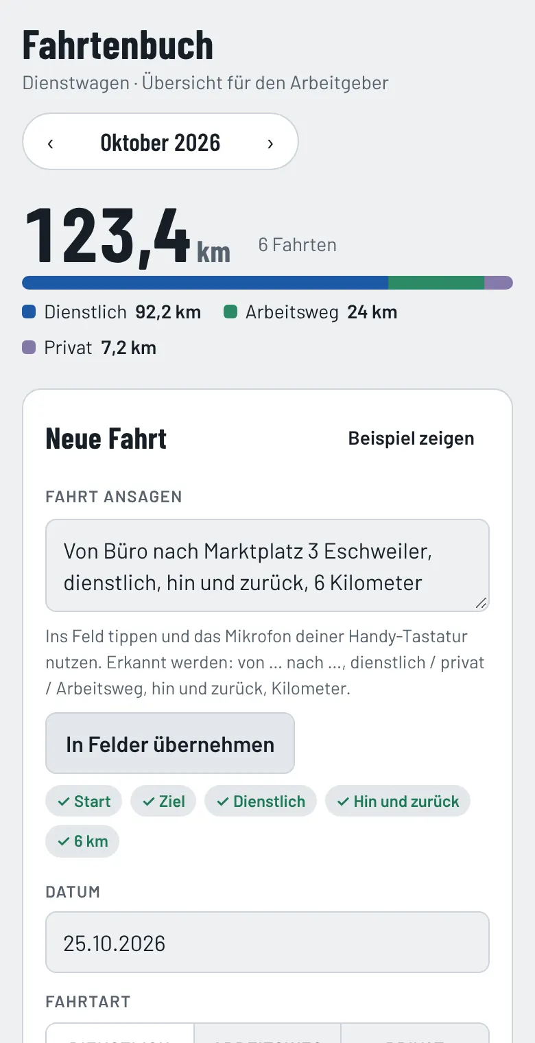 Fahrtenbuch: Monatssumme und Eingabe einer neuen Fahrt per Sprache