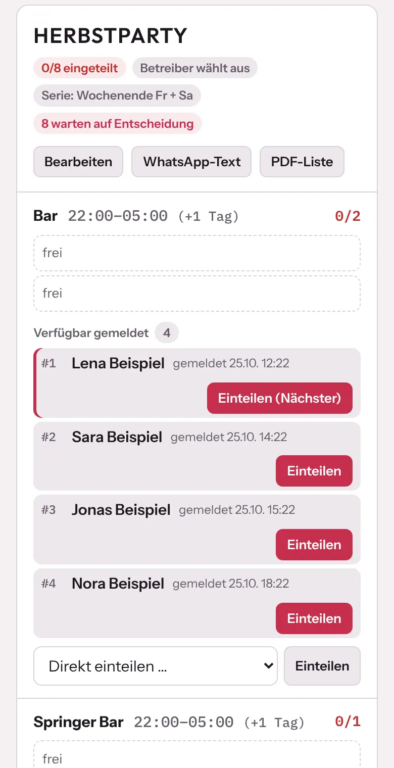 Schichtplan: Abend mit Schichten und Mitarbeitern, die sich verfügbar gemeldet haben