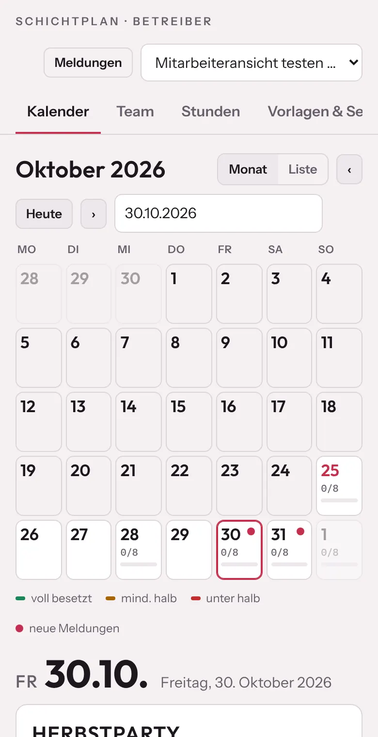 Schichtplan: Monatskalender mit Besetzung der Termine