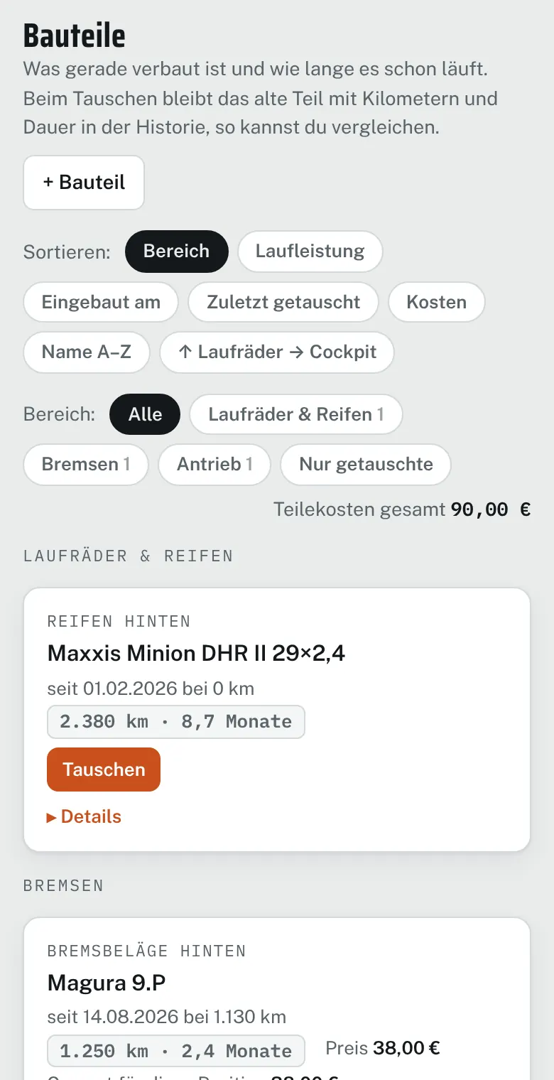 Wartungsbuch: Bauteile mit Laufleistung, Kosten und Historie